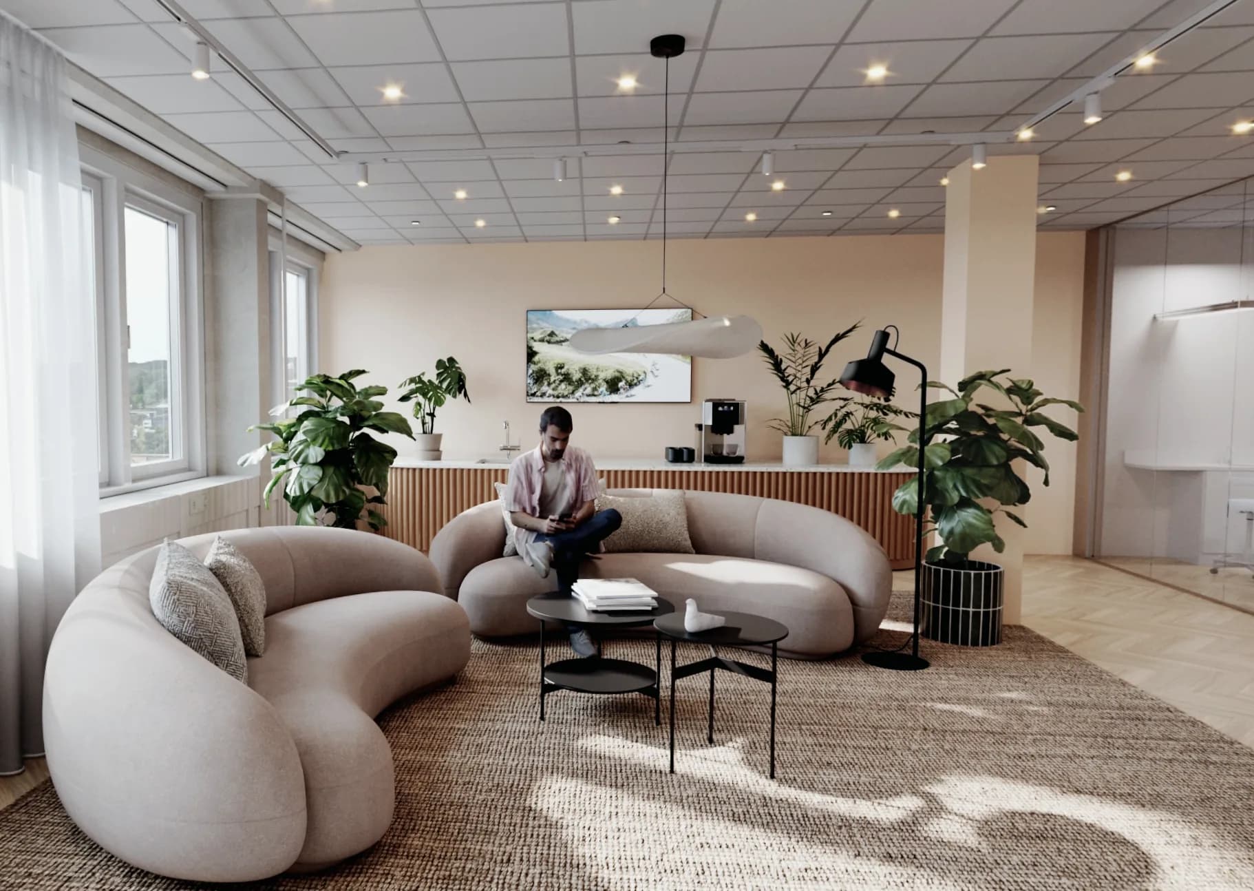 Ljus gemensam lounge i Clovergate, Upplands Väsby